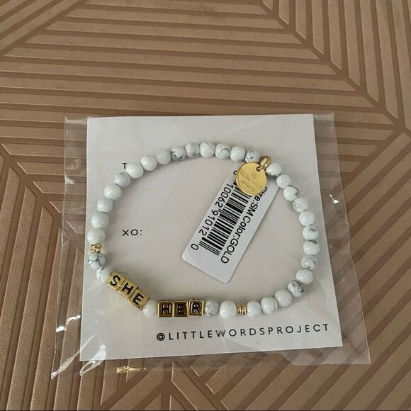 Little Words Project Bracelet She Her Stretch Beaded Gold Marble Neutral Casual - Picture 2 of 6